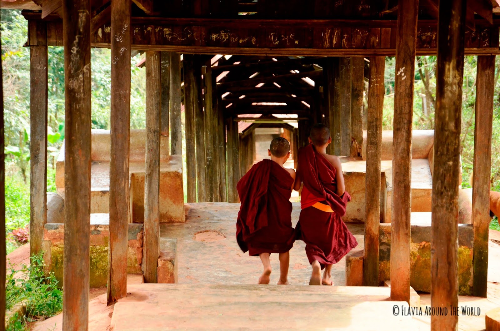 Monjes novicios bajando del monasterio en Kalaw Monjes novicios bajando del monasterio en Kalaw, Myanmar