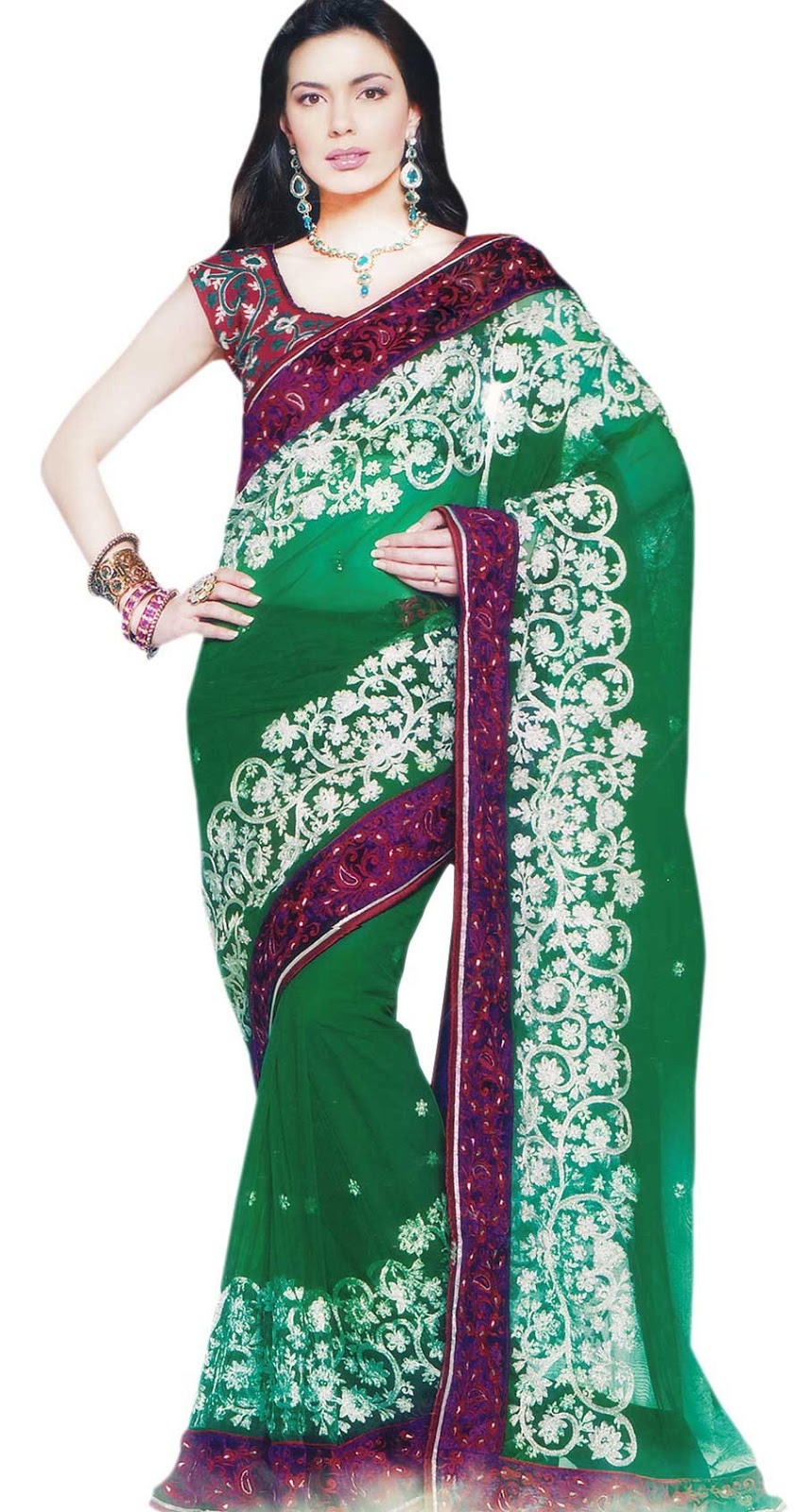 MEHANDI DESIGNS WORLD Rich Embroidered Green Shade Saree