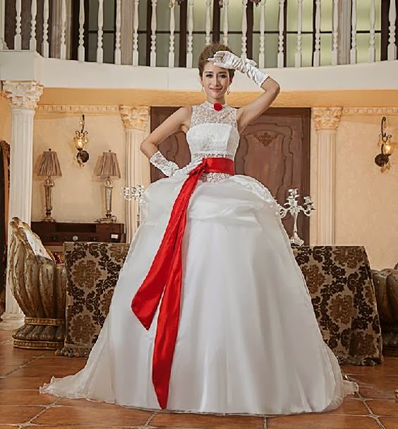 High Collar Bridal Gown with Red Ribbon My Gown Dress