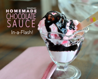 Homemade Chocolate Sauce In-a-Flash ♥ KitchenParade.com, just ten minutes and a few pantry ingredients, you've got chocolate sauce.