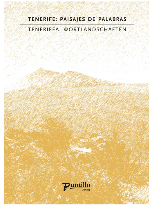Tenerife: paisajes de palabras – Teneriffa: Wortlandschaften, una imagen del Teide, volcán de la isla de Tenerife, en dos colores: ocre y blanco. La imagen se presenta con un estilo puntillista donde cientos de trazos diagonales muy cortos, de apenas unos milímetros, conforman el paisaje que se muestra