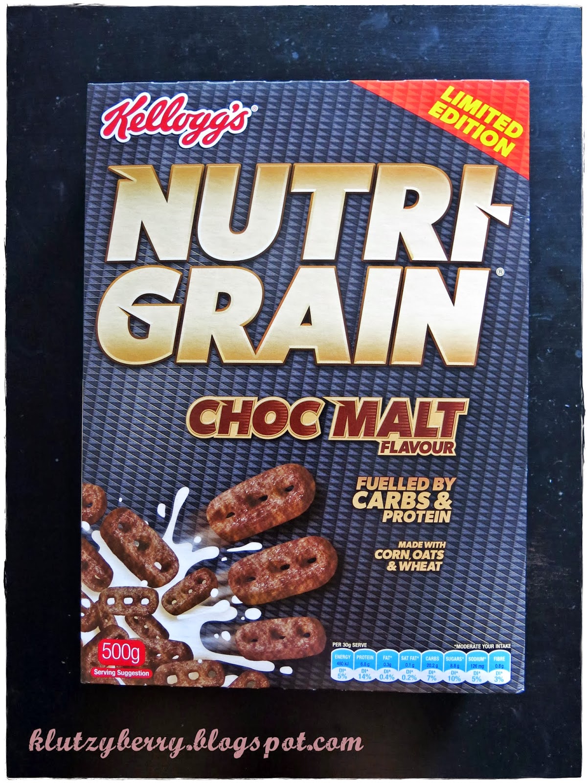 Klutzy Berry off the shelf NutriGrain Choc Malt