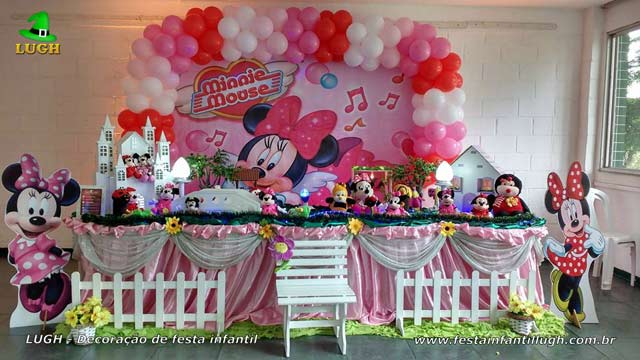 Decoração festa de aniversário Minnie Rosa - Tradicional luxo Decoração de festa de aniversário infantil tema Minnie rosa em mesa luxo de tecido - pano
