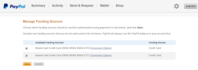 PayPal card currency conversion settings page