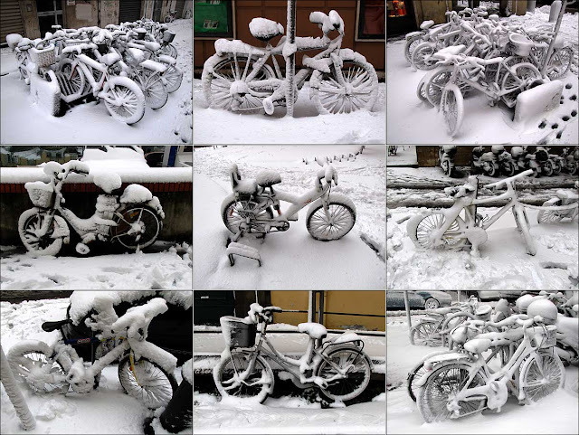 Bicycle art under the snow, Livorno