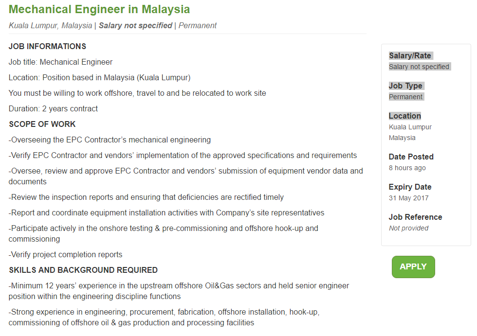 Oil &Gas Vacancies Mechanical Engineer Petrolis Kuala Lumpur