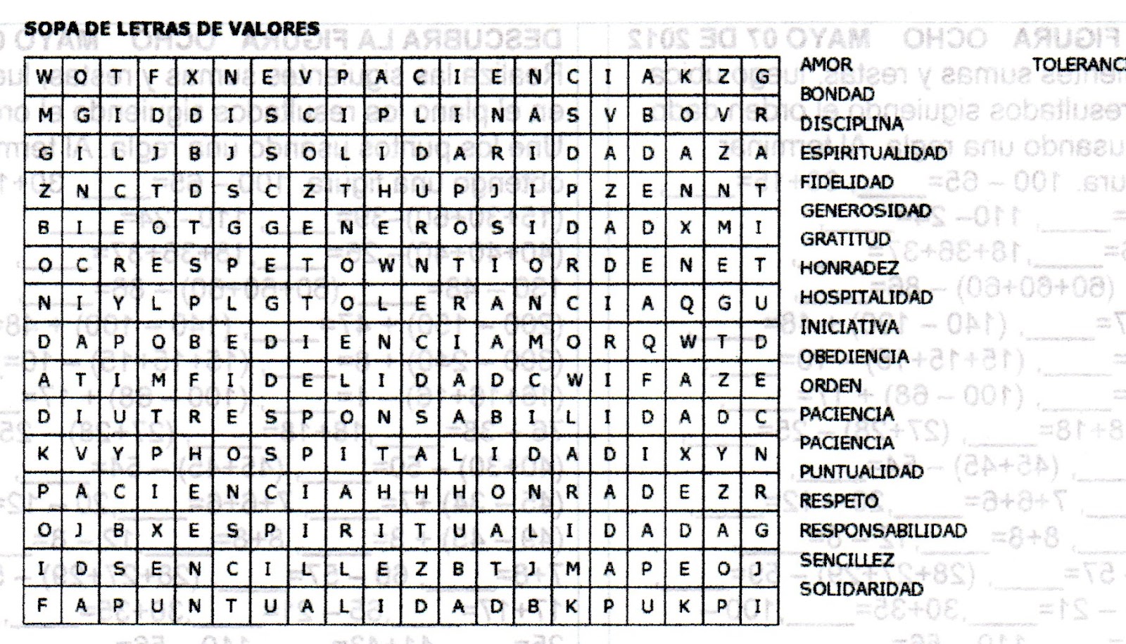 Una sopa de letras de valores - Imagui