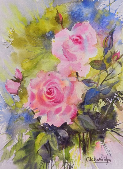 Pink Roses - 2, painting by Chitra Vaidya (part of her portfolio on Indiaart.com)