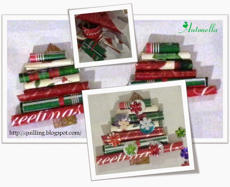 Super Quick and Easy Christmas Tree gift tag or ornament from your wrapping paper scraps from Antonella at www.quilling.blogspot.com