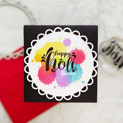 Craftyscrappers, stenciling, stencil card, distress inks, inkblending, Quillish, Holi card, happy holi card, cards by Ishani, happy holi card