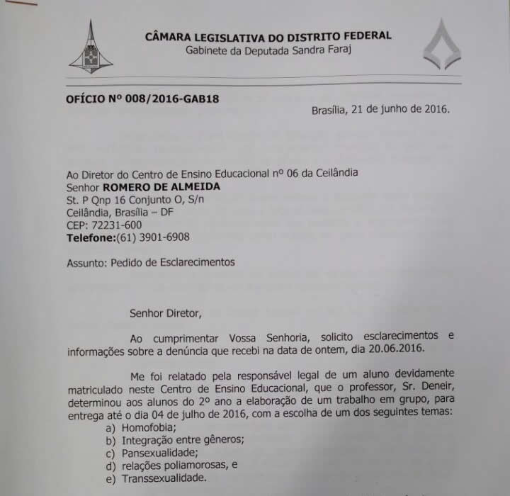 Sindicato dos Professores ver como intimidador ofício de deputada homofóbica do DF Sindicato dos Professores ver como intimidador ofício de deputada homofóbica do DF
