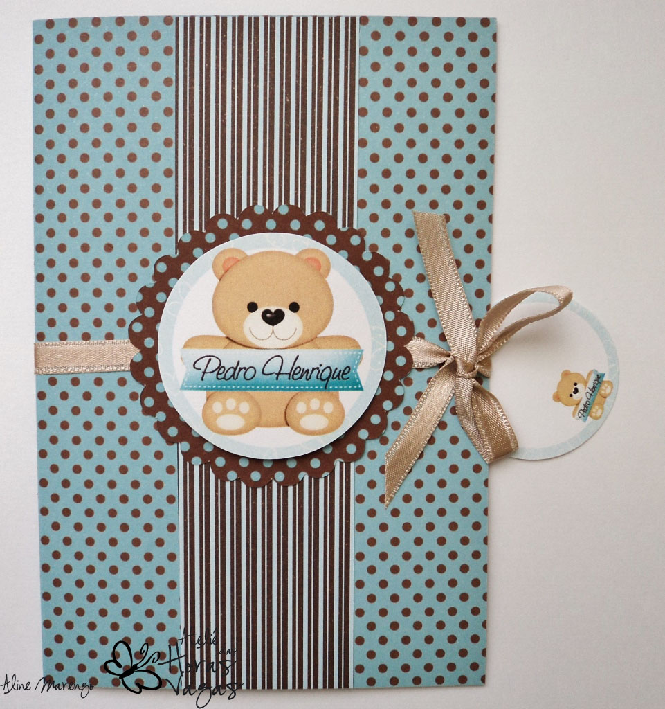 convite artesanal aniversário infantil ursinho poá marrom azul turquesa bebê 1 aninho
