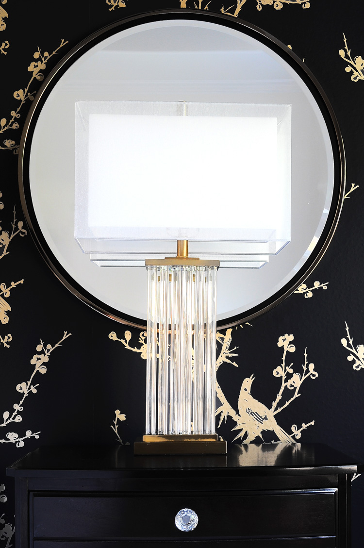 Darcia brass and crystal table lamp- looks amazing in this black, white and gold master bedroom. Darcia brass and crystal table lamp- looks amazing in this black, white and gold master bedroom.