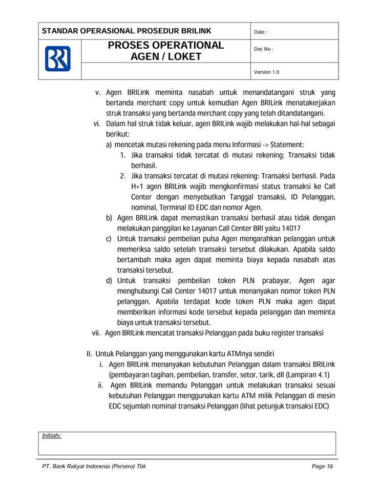 SOP BRILINK ( STANDAR OPERASIONAL PROSEDUR AGEN BRILINK