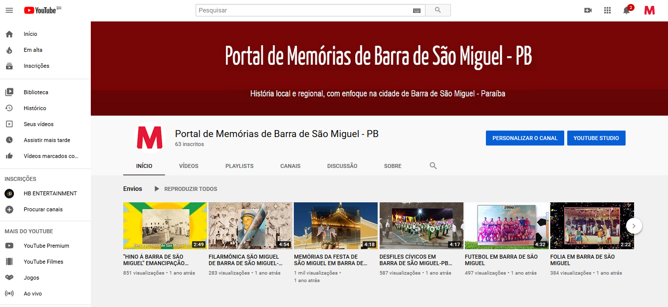 Canal no YouTube do Portal de Memórias de Barra de São Miguel-PB