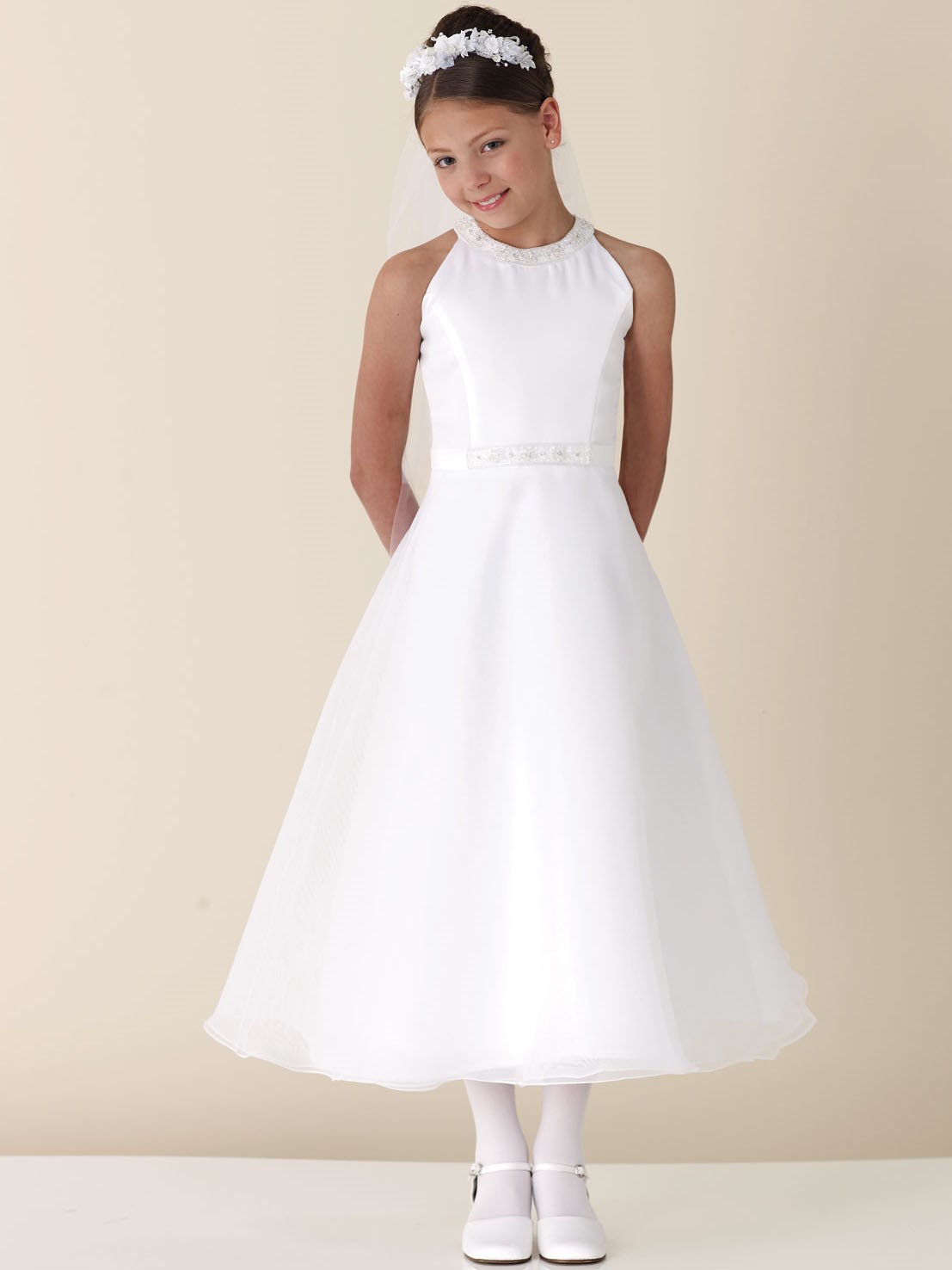 white junior bridesmaid dress with beaded accents