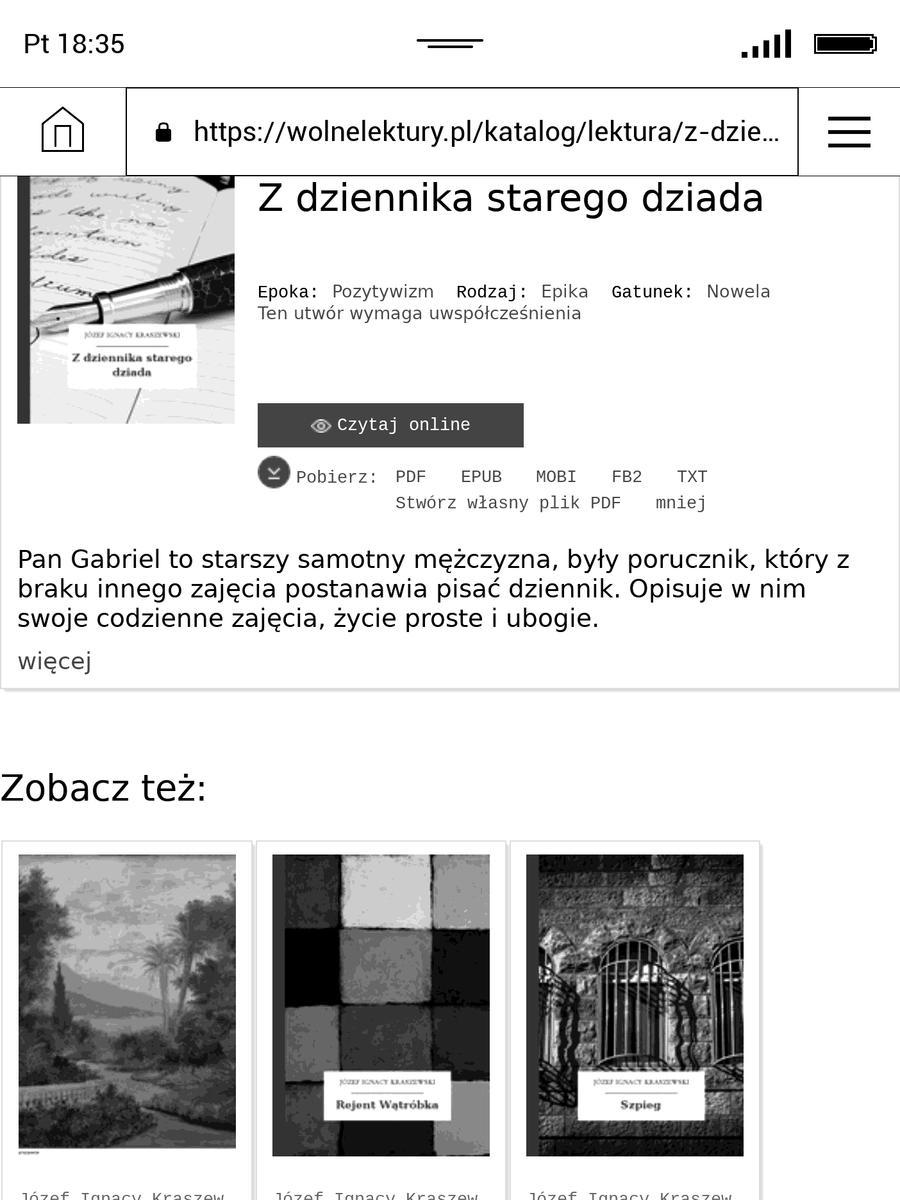 Serwis wolnelektury.pl w przeglądarce internetowej na PocketBook InkPad 3