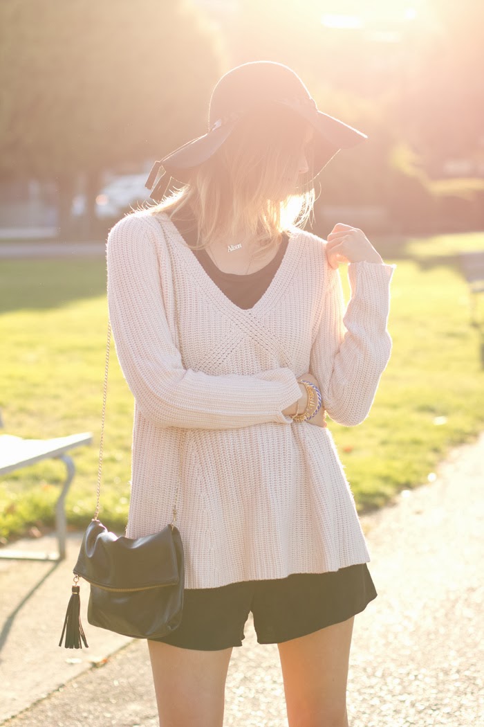 Vancouver fashion blogger, Alison Hutchinson, is wearing an aritzia black romper, a rose sweater from Zara, black Sam Edelman Boots with buckles, a black felt hat from zara and a black bag from H&M