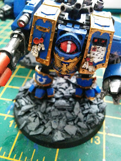 Ultramarines venerable Dreadnought with a power fist and lascannon 