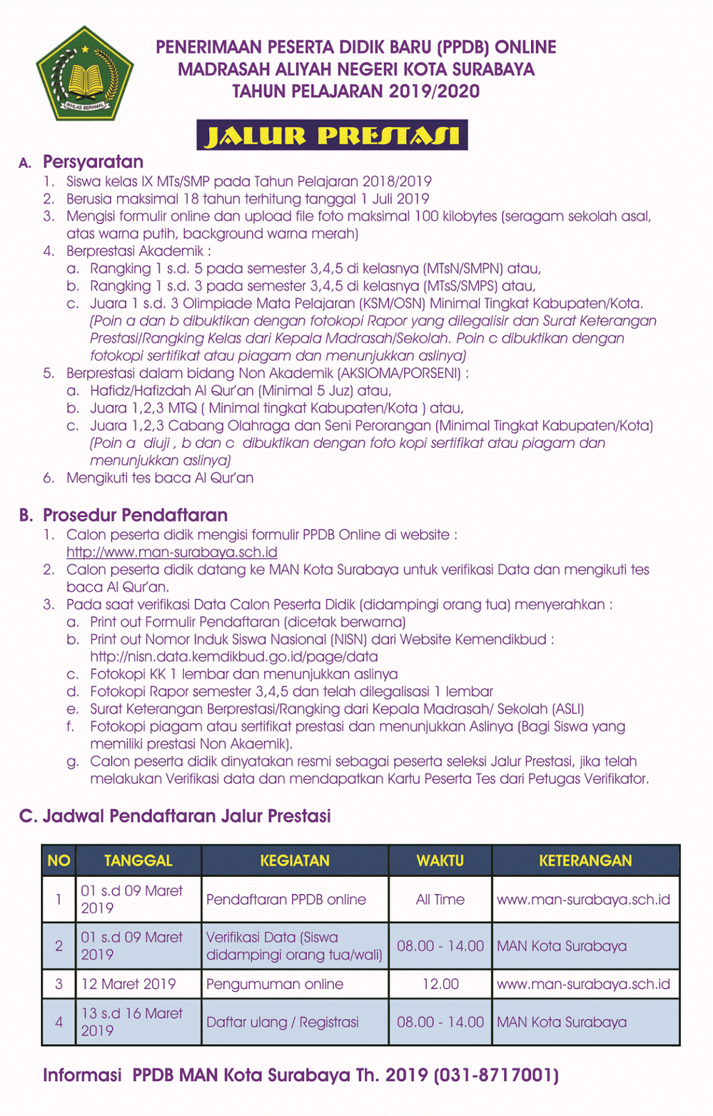 PPDB Jalur Prestasi 2019 dibuka Tanggal 1 sd. 9 Maret 2019 MAN Kota