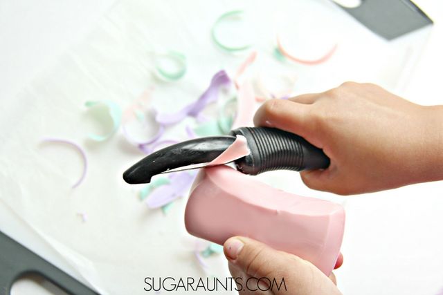Soap Shaving Bookmarks with peeled soap, part of the book, Pop! Squirt! Splash! book for kids with soap, water, and bubbles