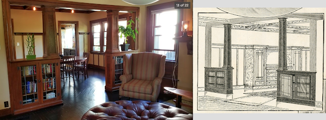 Sears Belmont • circa 1916 • 501 W. Spencer Avenue, Marion, Indiana room separators -- craftsman columns and bookcases between living room and dining room, against catalog image of same