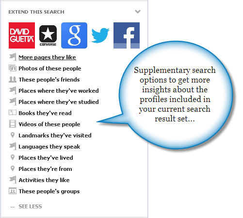 Extended results sets for Facebook graph search