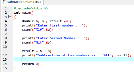 Information: C Program Code for Subtraction of Numbers