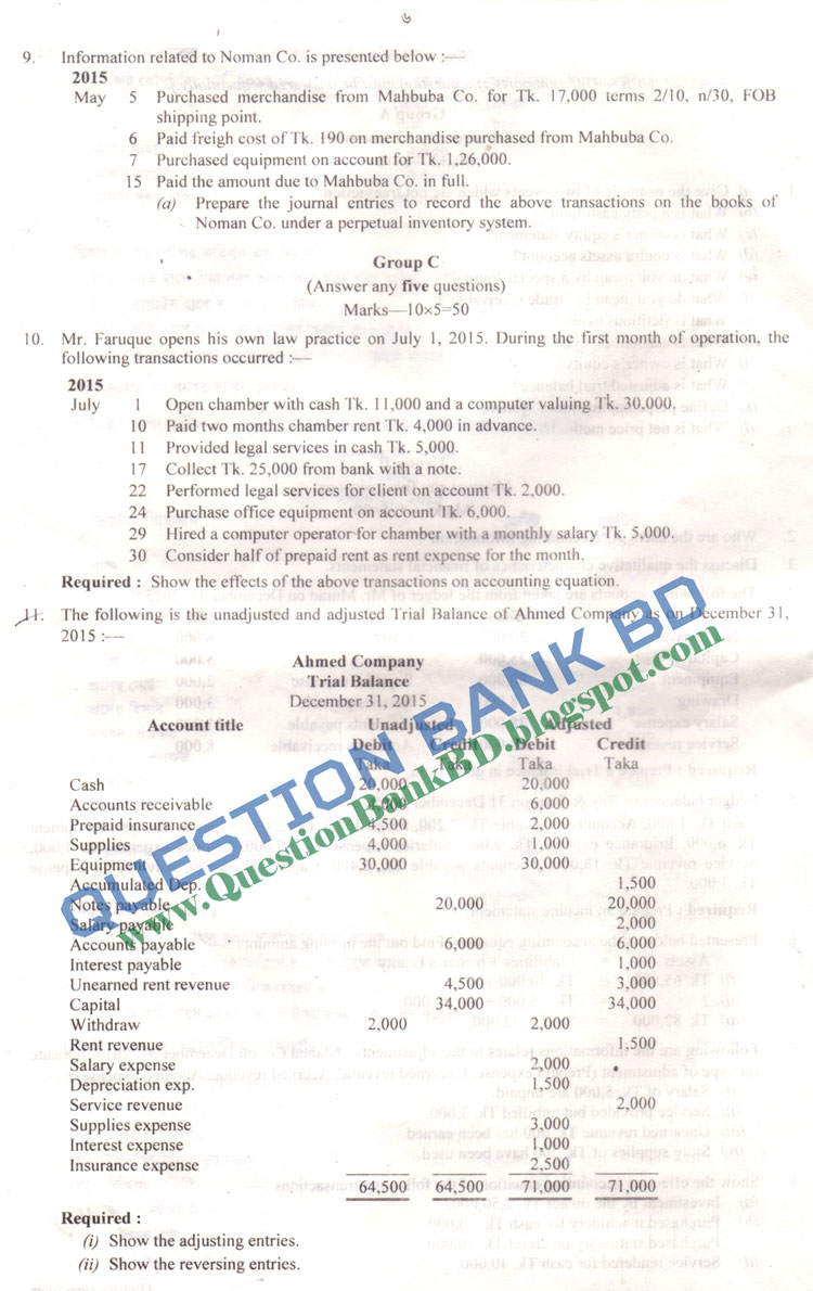 Question Bank BD Degree 1st Year Exam2015 Question Accounting