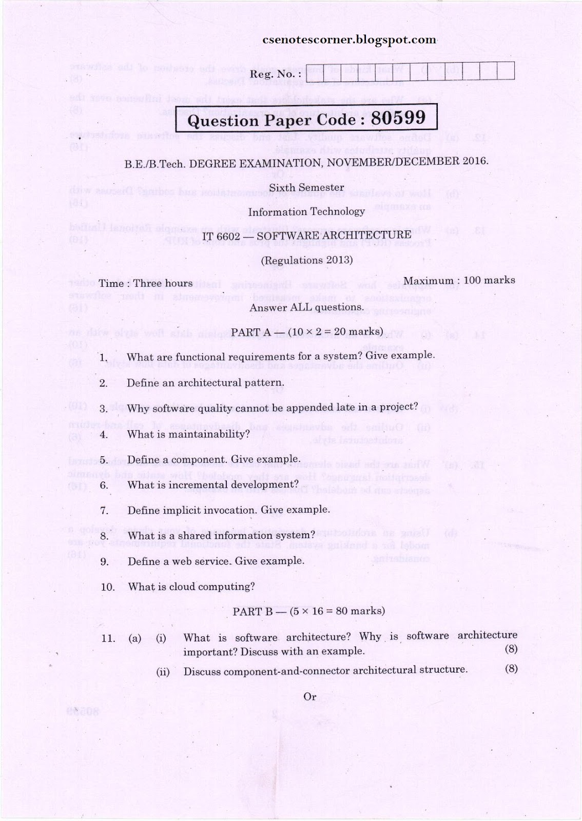 CSE Notes SOFTWARE ARCHITECTURE Question Paper