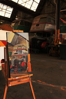 Oil painting of doubledecker bus in the Sydney Bus Museum by industrial heritage artist Jane Bennett