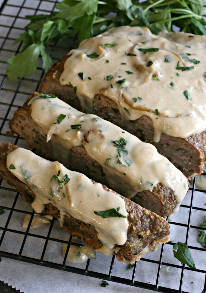 Meatloaf flavored with caramelized onions, fresh thyme and Gruyere cheese.
