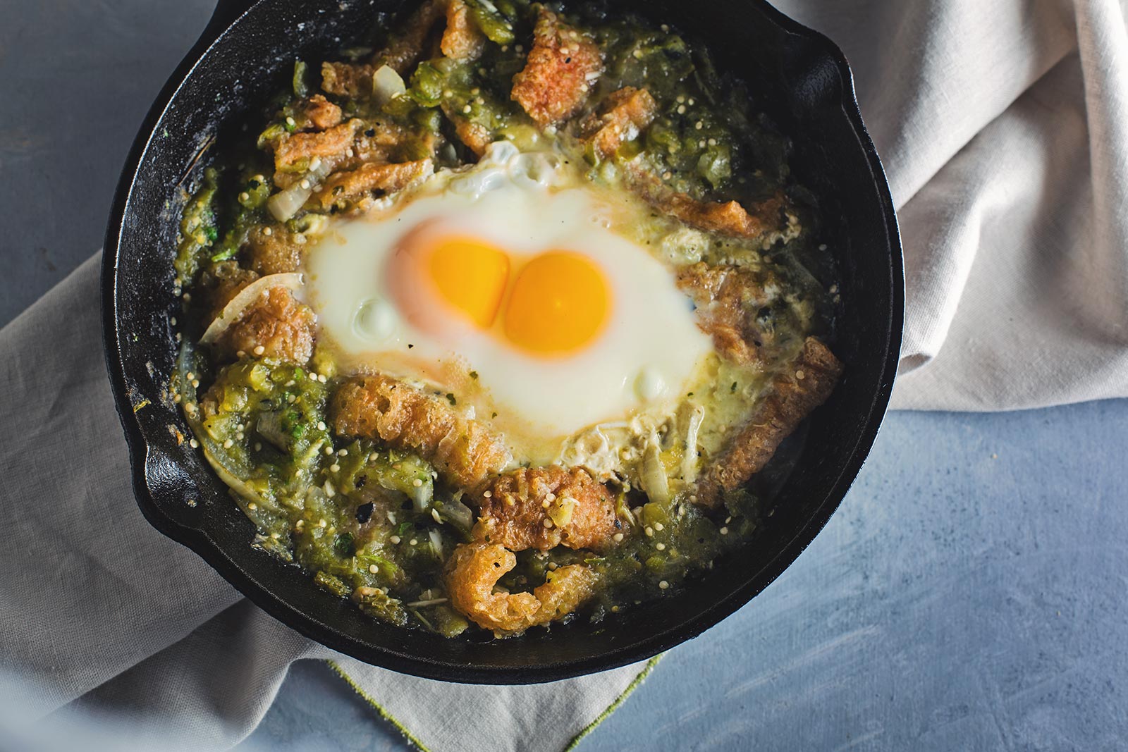 Chicharrones in Tomatillo Salsa Verde with Poached Eggs {cooking for one}