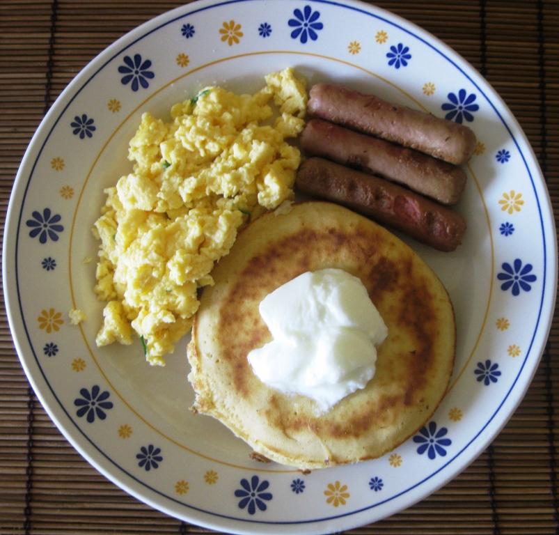 At Our Kitchen Pancakes with Scramble Eggs and Sausage