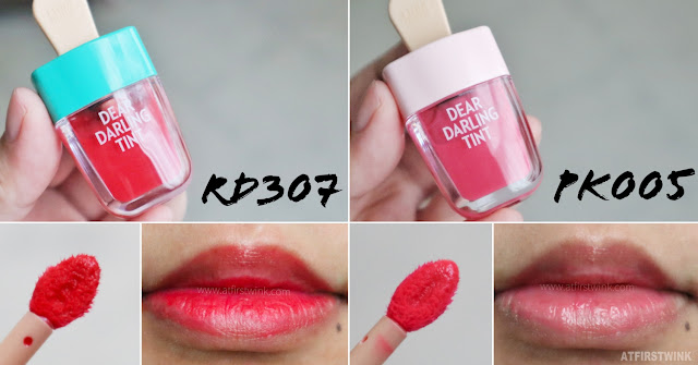 Etude House Dear Darling tint Rd307 PK005 lip tint pink red Korean cosmetics swatches on lips