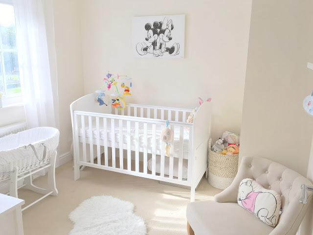 Gender neutral nursery inspiration, featuring neutral interiors styled with Disney themed characters and accessories