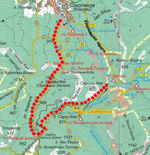Карта маршрута Соколиное – Барская поляна – гора Орлиный залёт – водопад Серебряные струи