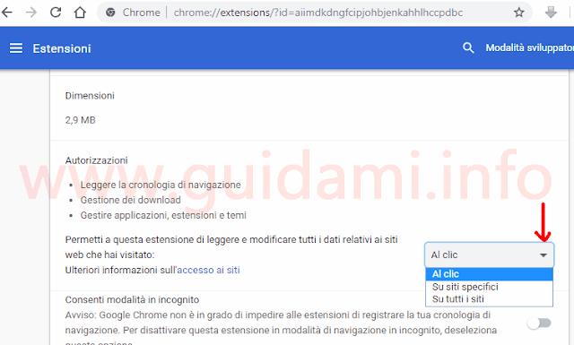 Chrome pagina impostazioni estensione gestione autorizzazioni