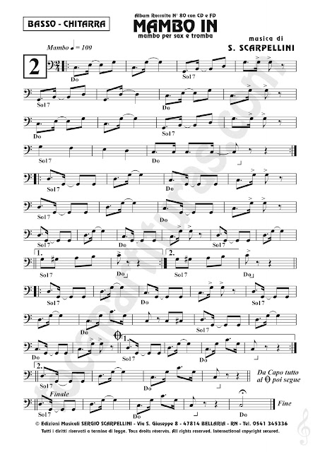 Partitura de Instrumentos en Clave de Fa del Mambo In Partituras de Trombón, Bombardino, Chelo, Fagot... con Acordes en Do. Bass Clef Instruments Sheet Music for Trombone, Cello, Bassoon, Euphonium... with Chords in C