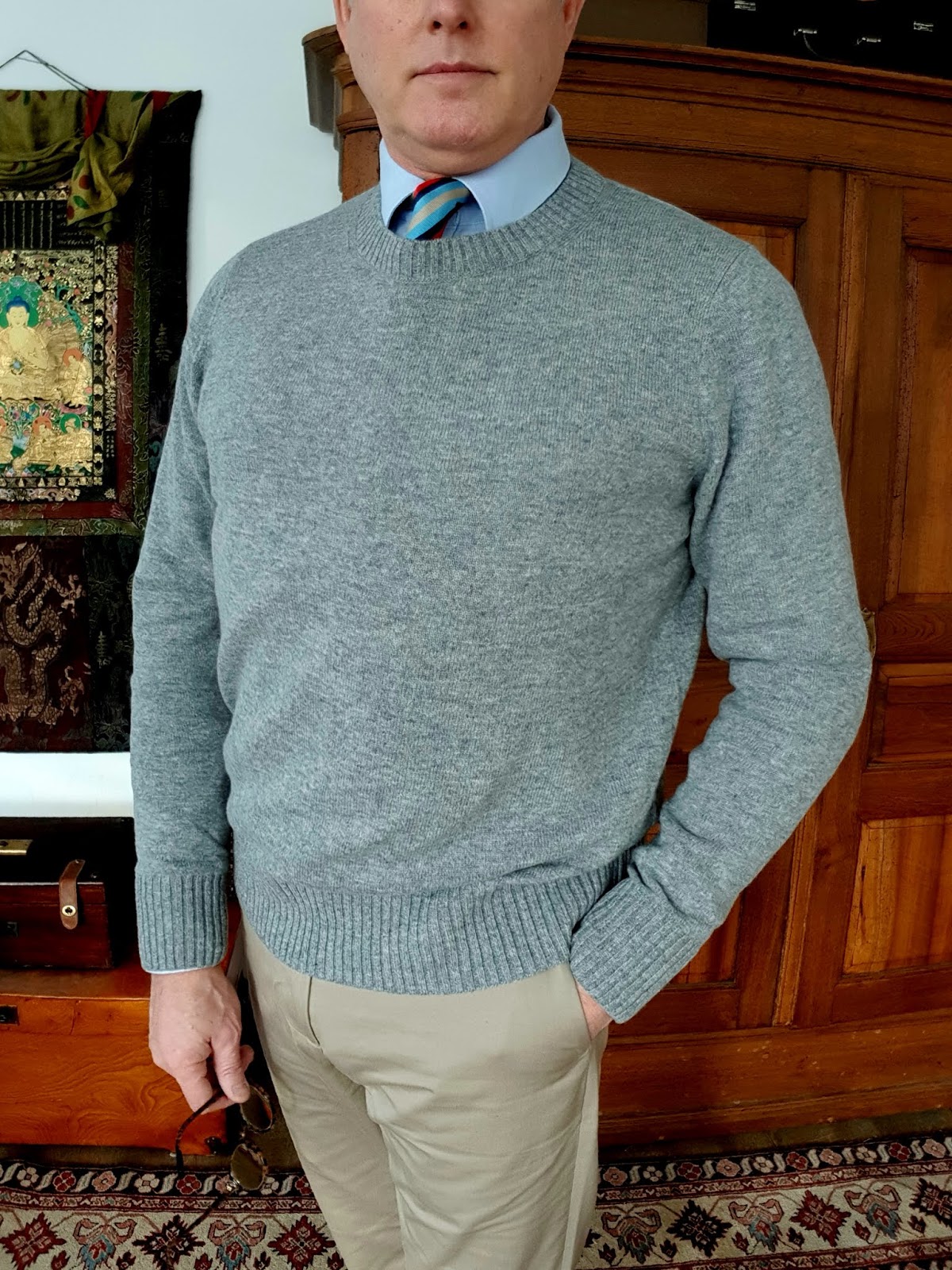 Landless Gentry Oxford strip OCBD shirt, Chinos and Grey Crew Neck