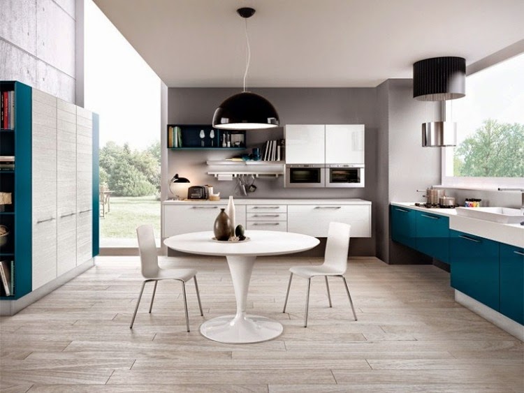 modern high gloss white kitchen in white and blue