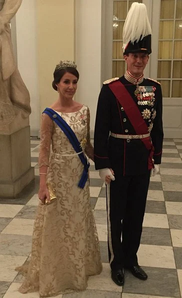 Queen Mathilde wore Armani Prive Gown, Princess Mary wore gown and Princess Marie diamond tiara at State Banquet at Christiansborg Palace