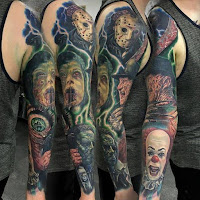 tatuaje para halloween en el brazo con personajes de peliculas de terror