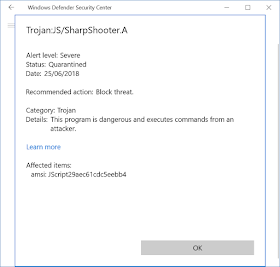 Dialog showing Windows defender blocks DotNetToJScript through AMSI.