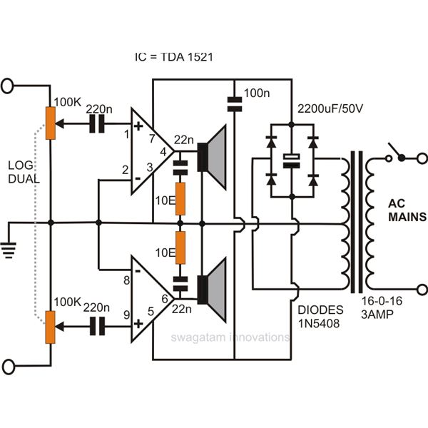 Circuit Diagram Of Stereo Amplifier - How To Make A Simple Stereo Audio Amplifier Circuit Using Ic 1521 - Circuit Diagram Of Stereo Amplifier