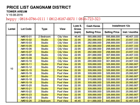 Price List Pembayaran 12 X