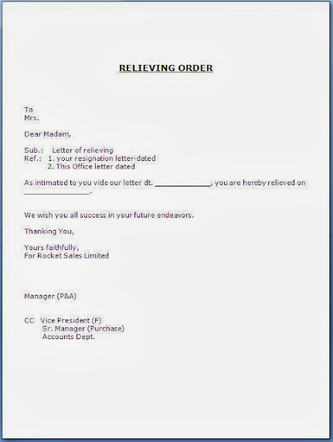 Relieving Order Letter Format