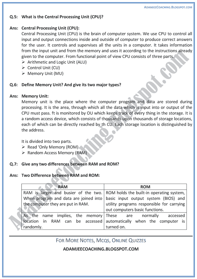 Adamjee Coaching Computer Components Short Question Answers