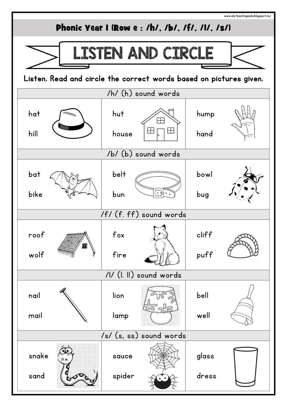 Phonic 16 Phonemes /h/, /b/, /l/ /f/, /s/ worksheet DIY Teaching Aids