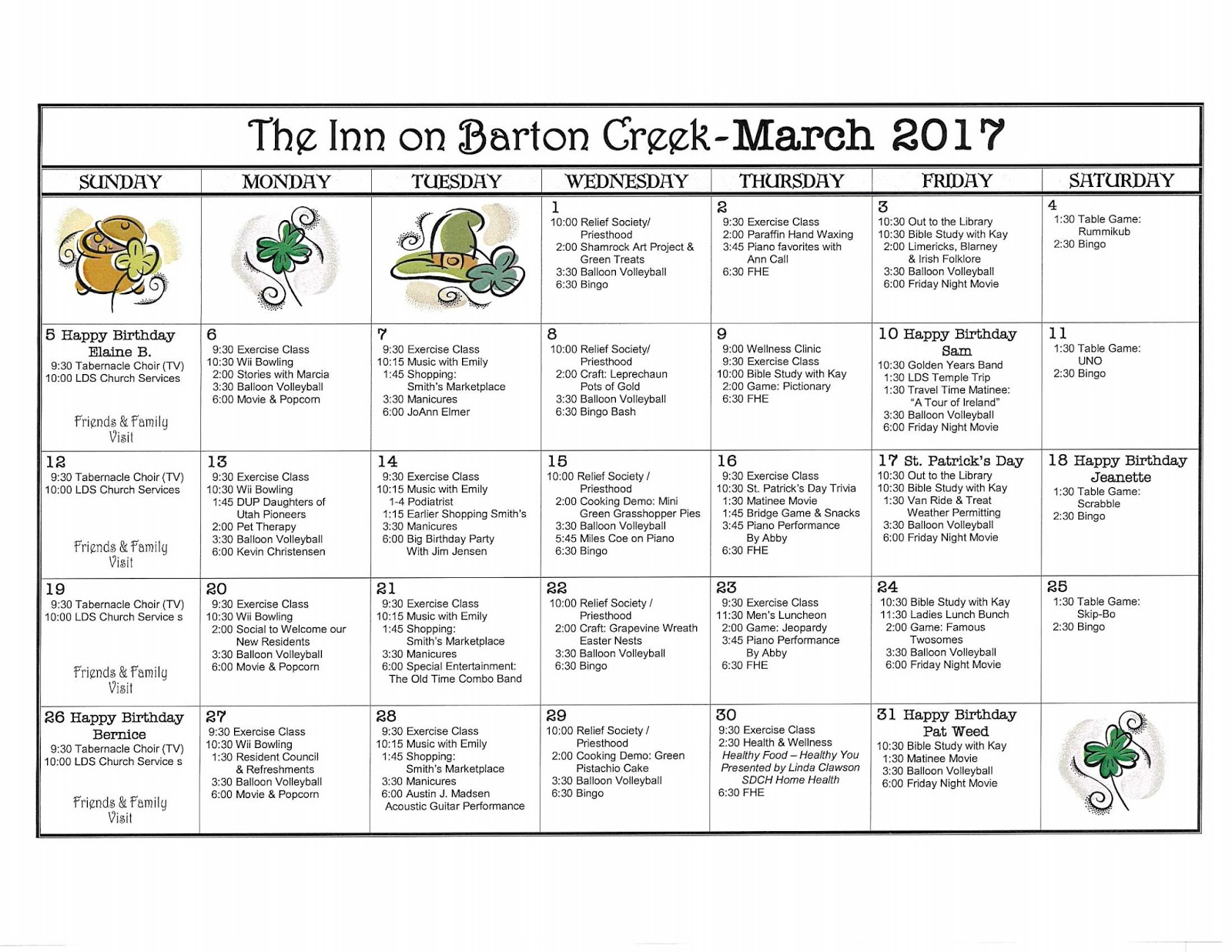 Barton Creek Assisted Living March Activities Calendar